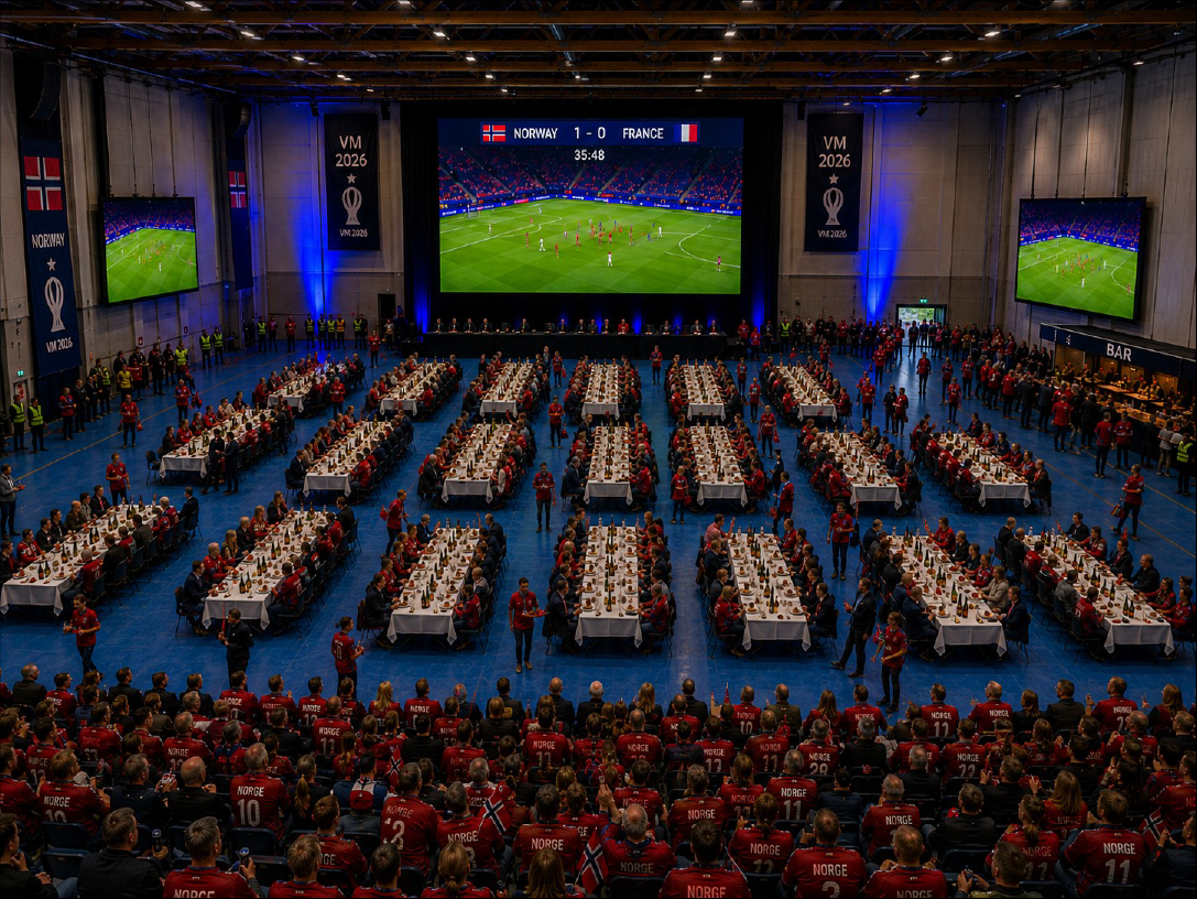 Terningen Arena rigget for VM-kveld med storskjermer og fullt publikum
