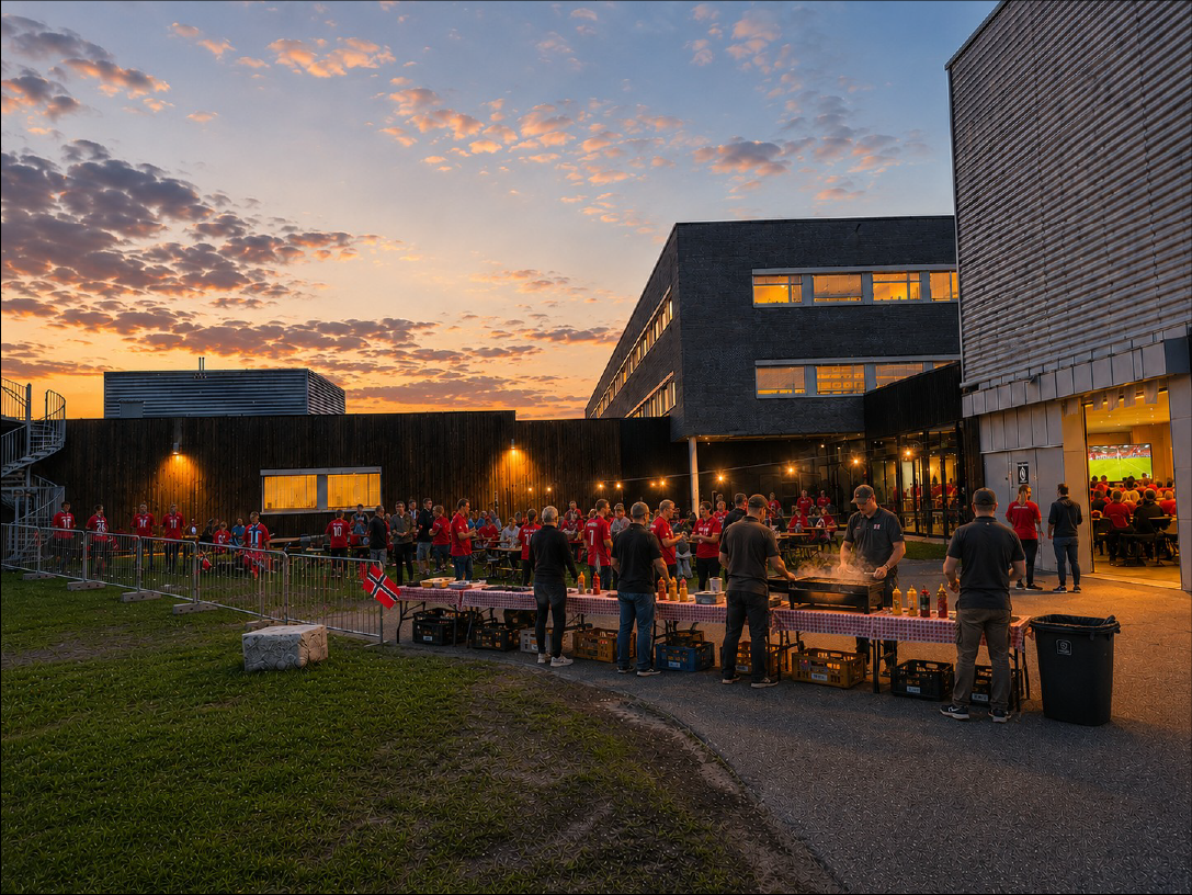 Grillservering og sosialt uteområde ved Terningen Arena i kveldssol